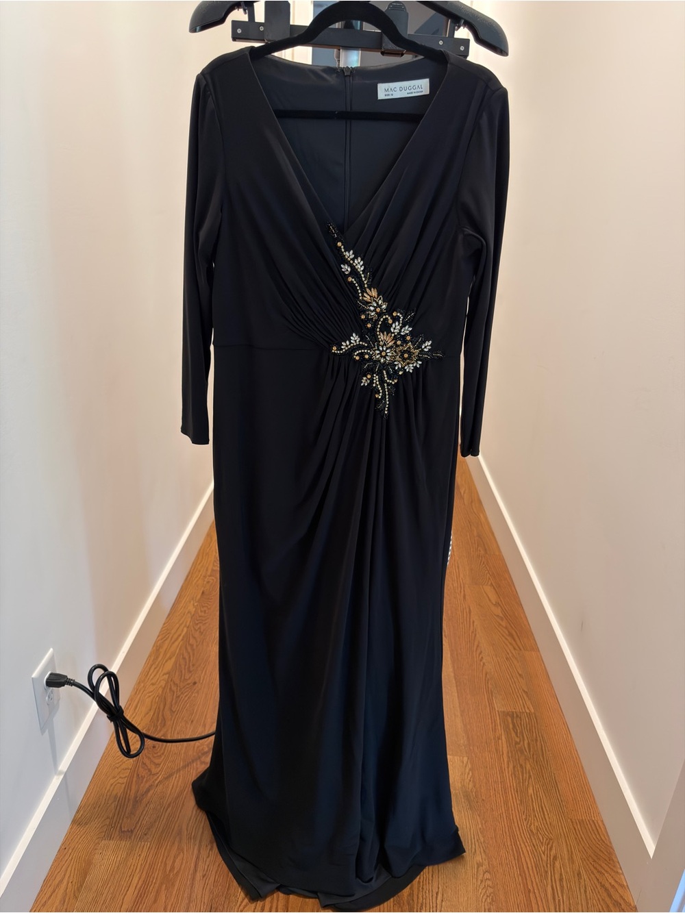 Mac Duggal Black Long Sleeve Gown with Beaded Floral Accent